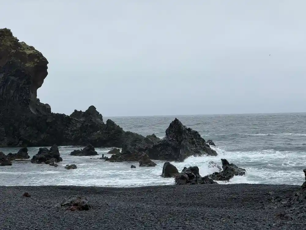 Black sand beach with rocky outcrops and waves