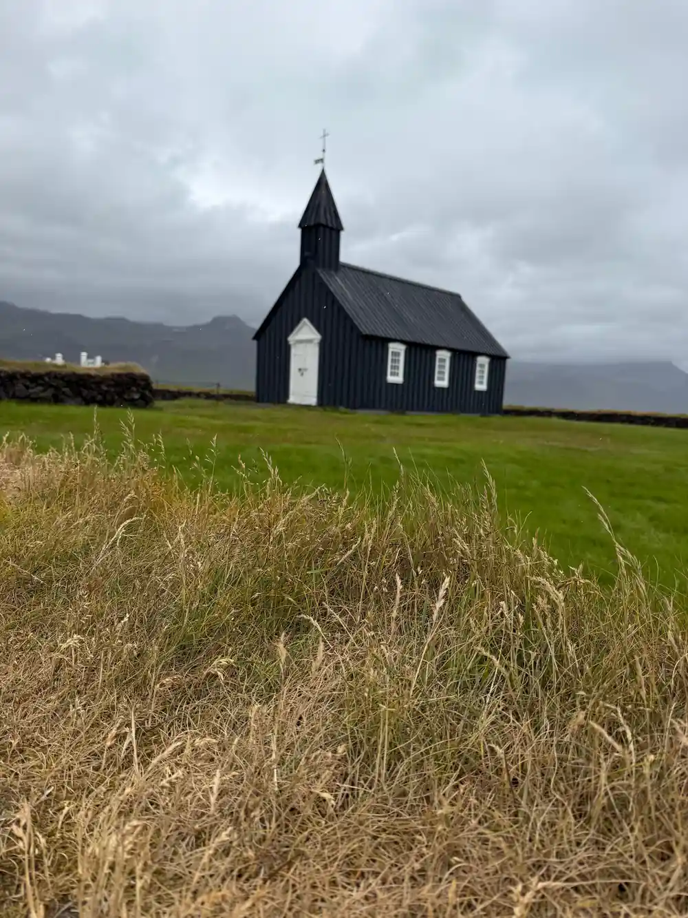 Black wooden church with white door in green field