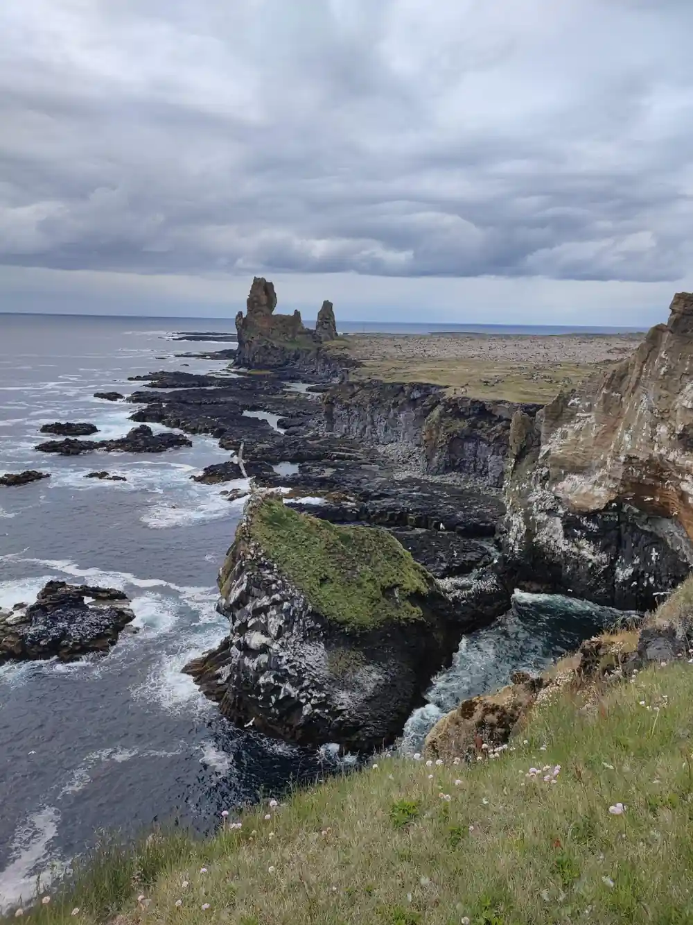 Coastal cliffs with rock formations and grassy plateau
