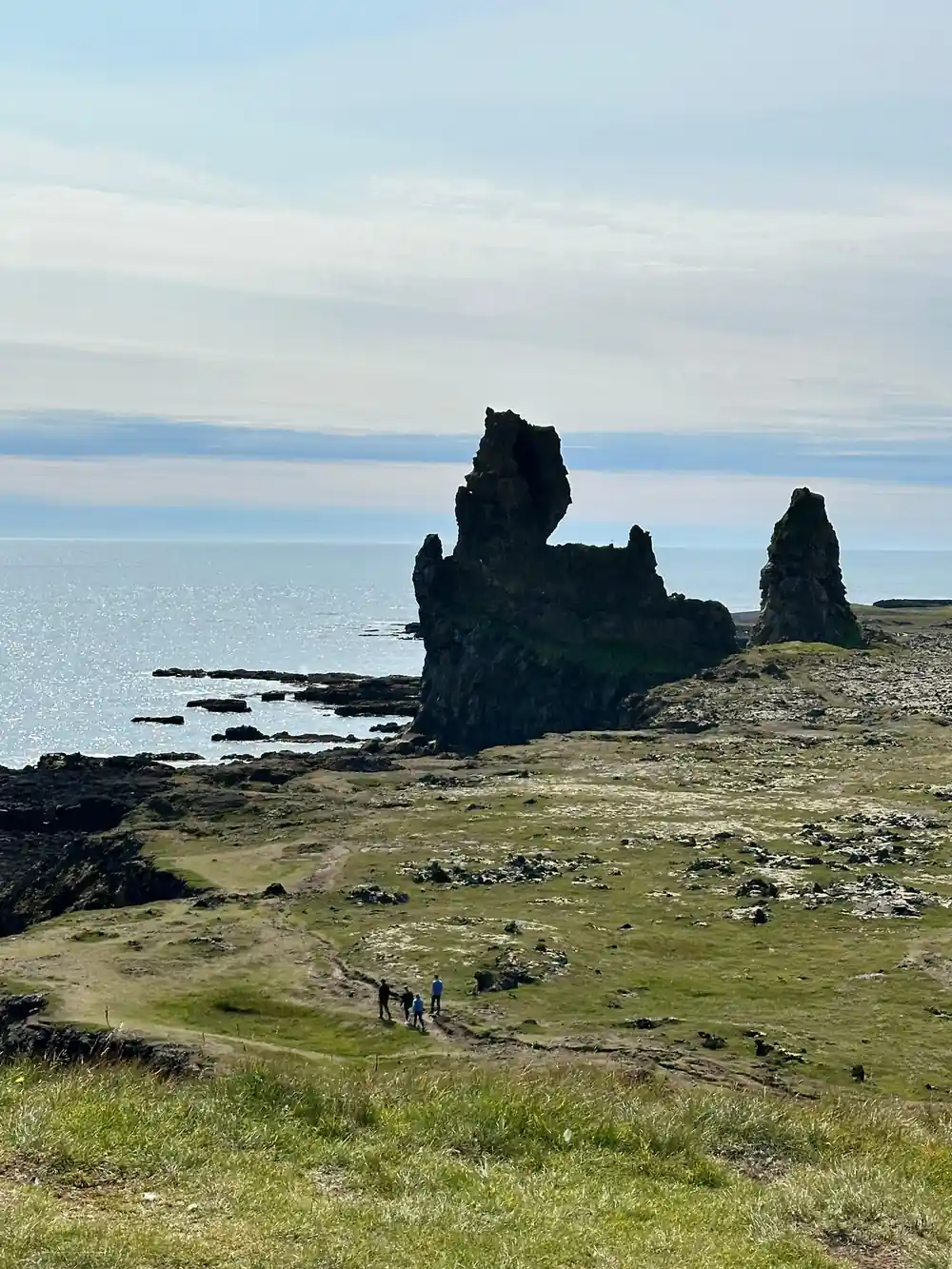 Dramatic black rock formations rising from green coastal slope