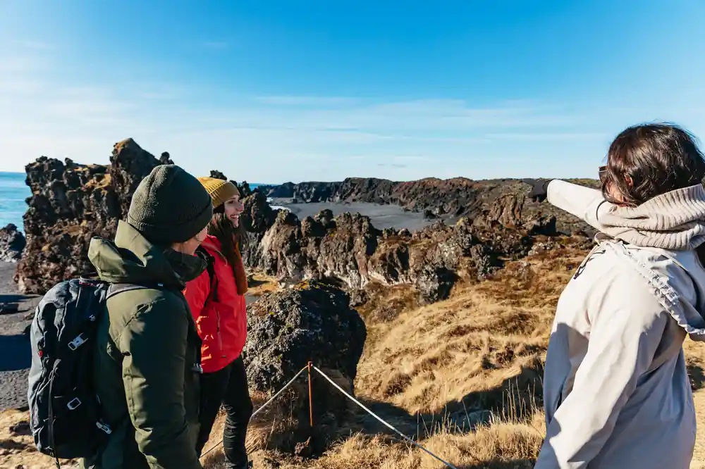 Hikers observing rocky coastline from elevated viewpoint