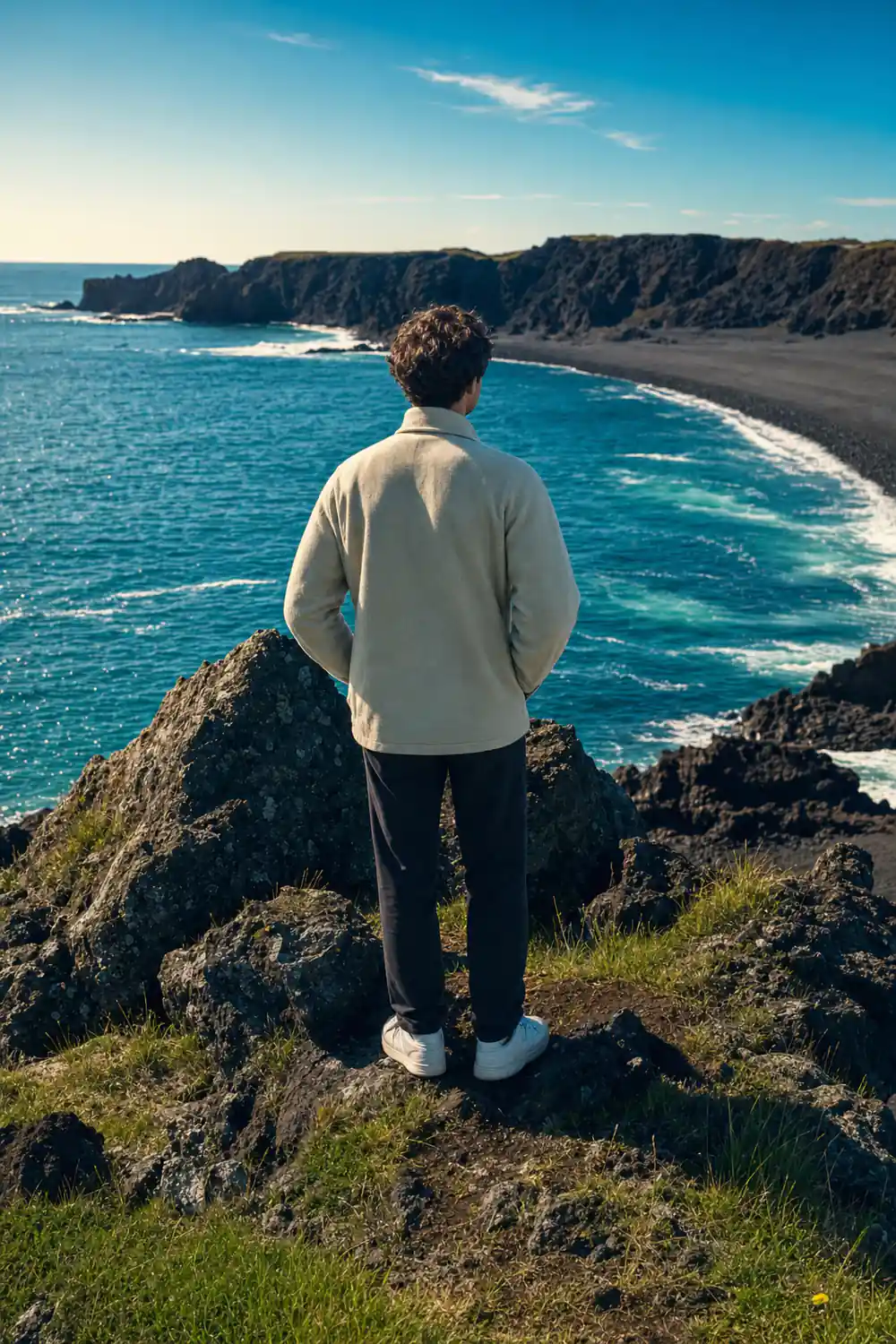 Person in wetsuit standing on cliff overlooking black sand beach