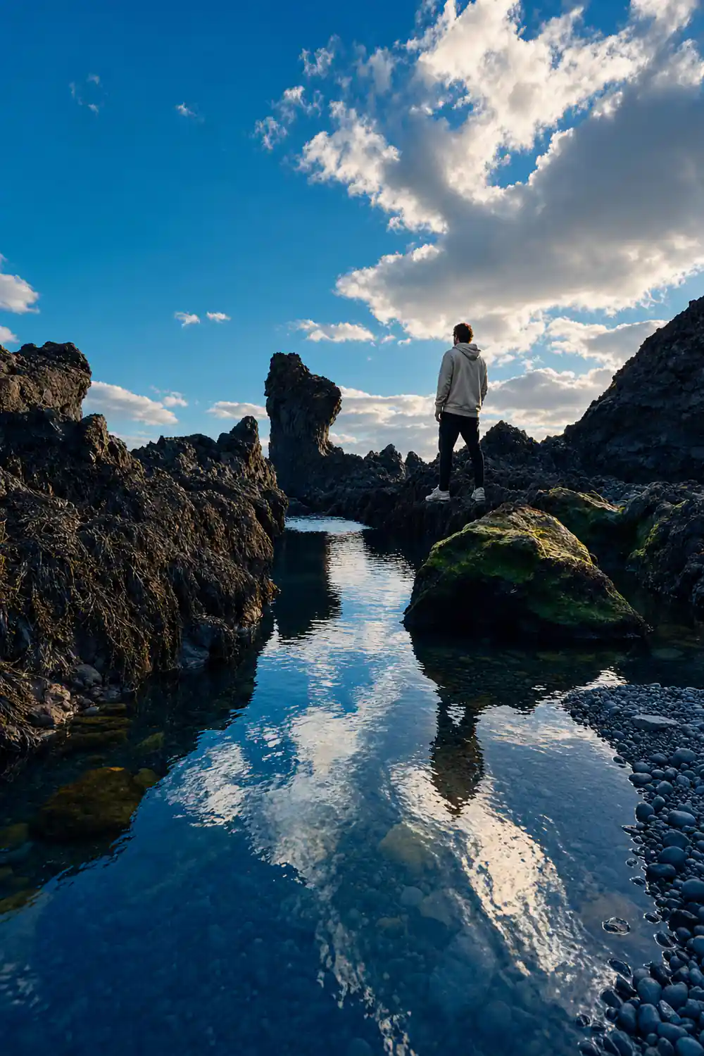 Rocky tidal pools reflecting sky with distant mountains
